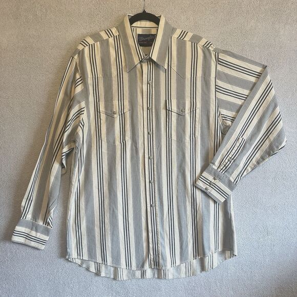 Vtg Wrangler Brushpopper Mens Shirt Western Striped Pearl Snap 17.5-35 Long Tail - Picture 1 of 7